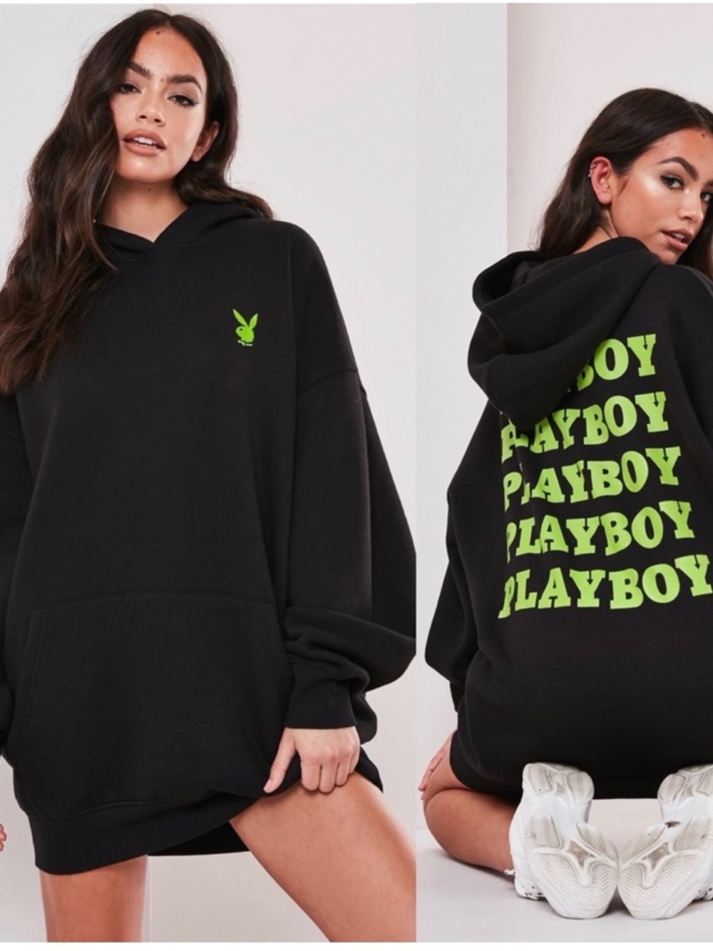 Playboy x Missguided Oversized Hoodie Dress Neon Green